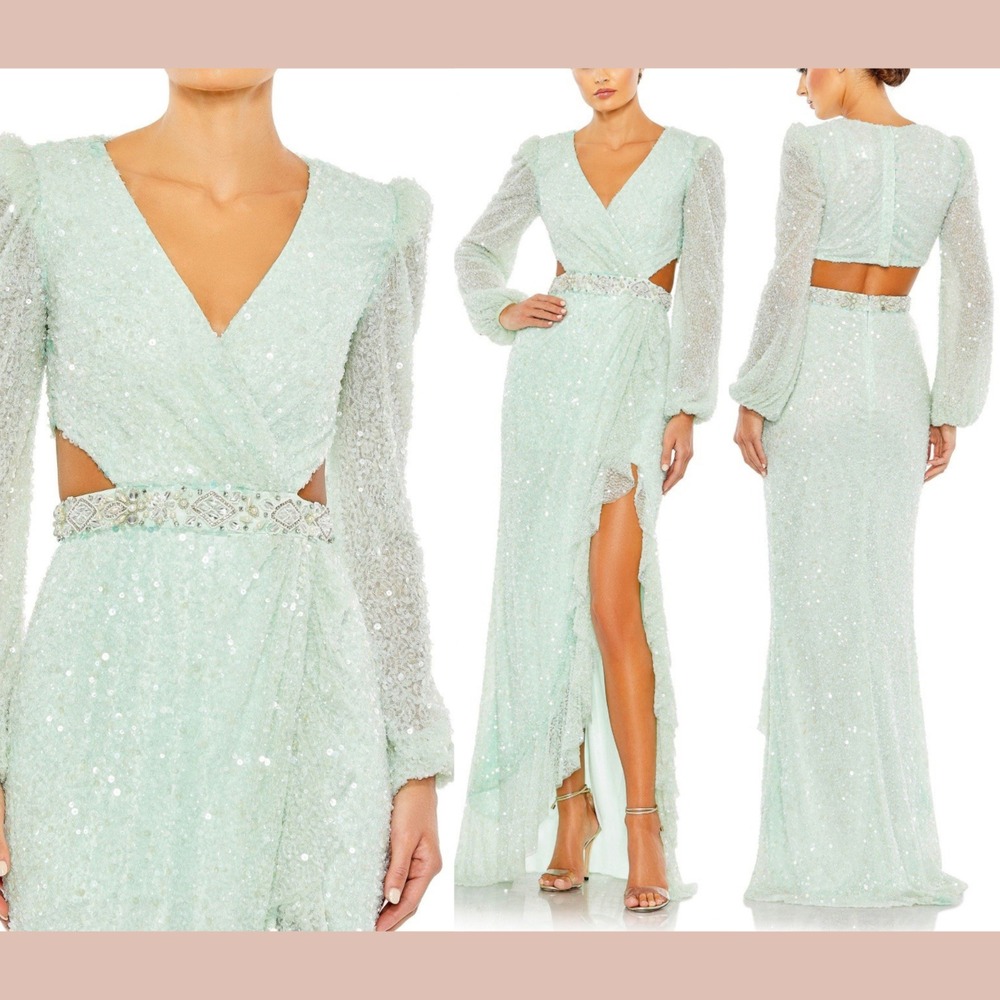 NWT Mac Duggal [ 4 ] 5745 Sequined Faux Wrap Cut Out Puff Sleeve Gown Mint J1619